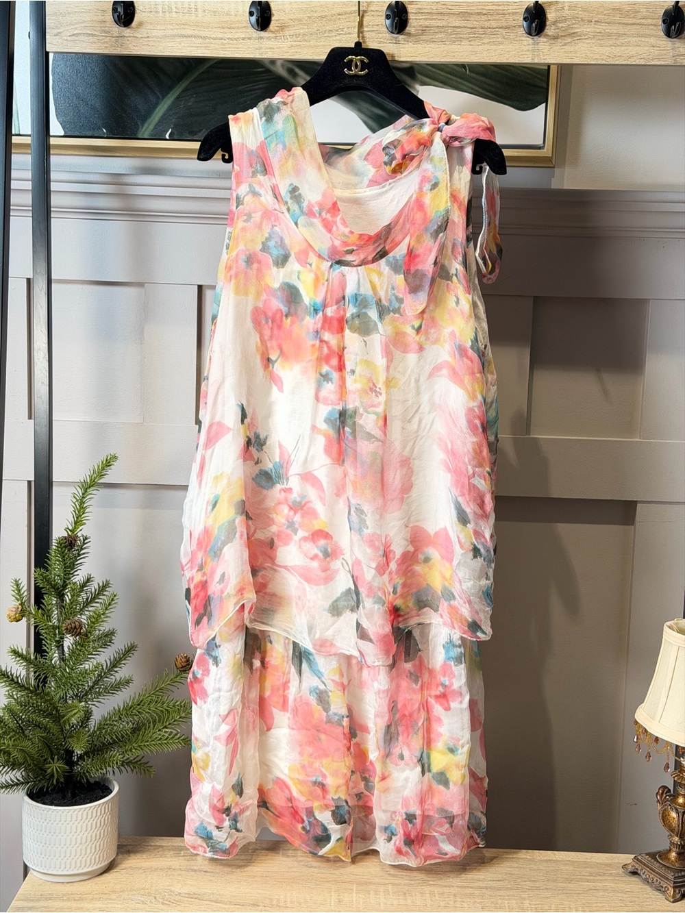 Floral Chiffon Sleeveless Tie-Shoulder Dress - Pink Multi Colour M